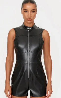 Black Faux Leather Zip Up Sleeveless Romper