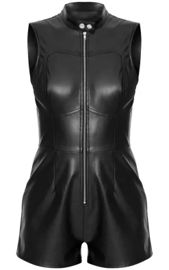Black Faux Leather Zip Up Sleeveless Romper