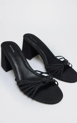 Black Faux Nubuck Knotted Block Heeled Mule Sandals