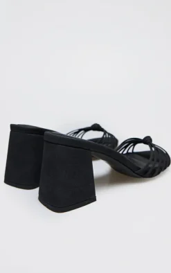 Black Faux Nubuck Knotted Block Heeled Mule Sandals