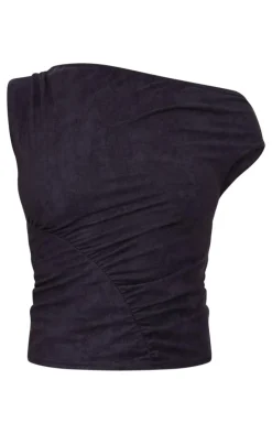 Black Faux Suede Asymmetric Ruched Top