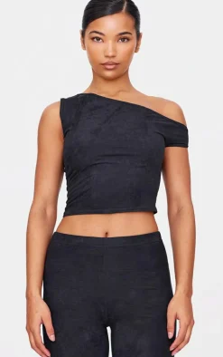 Black Faux Suede Asymmetric Crop Top