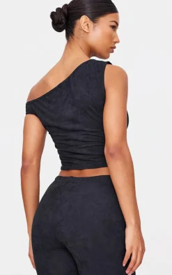Black Faux Suede Asymmetric Crop Top