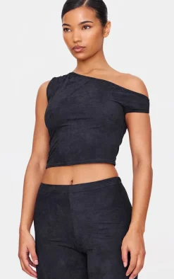 Black Faux Suede Asymmetric Crop Top