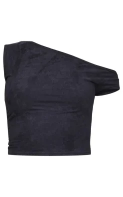 Black Faux Suede Asymmetric Crop Top