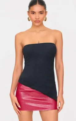Black Faux Suede Asymmetric Hem Bandeau Top