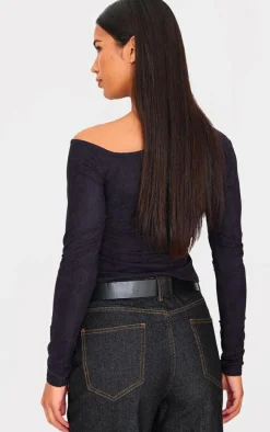 Black Faux Suede Asymmetric Neck Long Sleeve Top