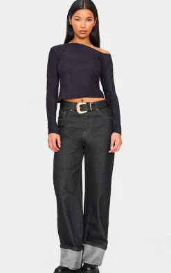 Black Faux Suede Asymmetric Neck Long Sleeve Top