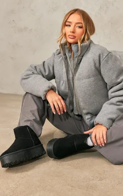 Black Faux Suede Cleated Ankle Platform Boots