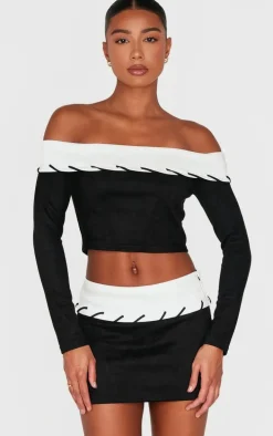 Black Faux Suede Contrast Foldover Stitch Detail Bardot Top