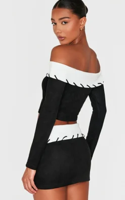 Black Faux Suede Contrast Foldover Stitch Detail Bardot Top