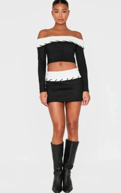 Black Faux Suede Contrast Foldover Stitch Detail Bardot Top