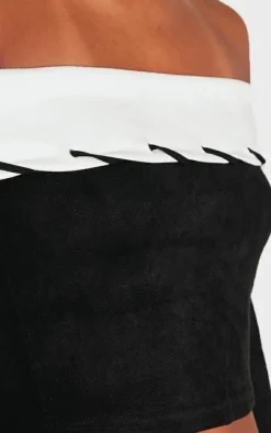Black Faux Suede Contrast Foldover Stitch Detail Bardot Top