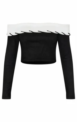 Black Faux Suede Contrast Foldover Stitch Detail Bardot Top