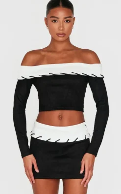 Black Faux Suede Contrast Foldover Stitch Detail Mini Skirt