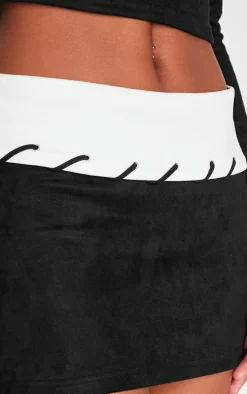Black Faux Suede Contrast Foldover Stitch Detail Mini Skirt