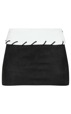 Black Faux Suede Contrast Foldover Stitch Detail Mini Skirt
