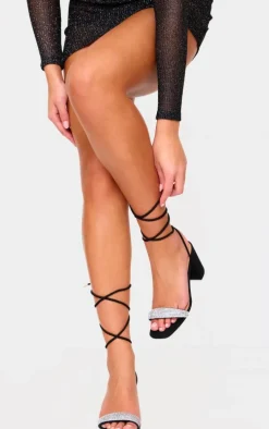 Black Faux Suede Diamante Strap Lace Up Block Heeled Sandals