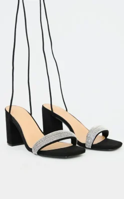 Black Faux Suede Diamante Strap Lace Up Block Heeled Sandals