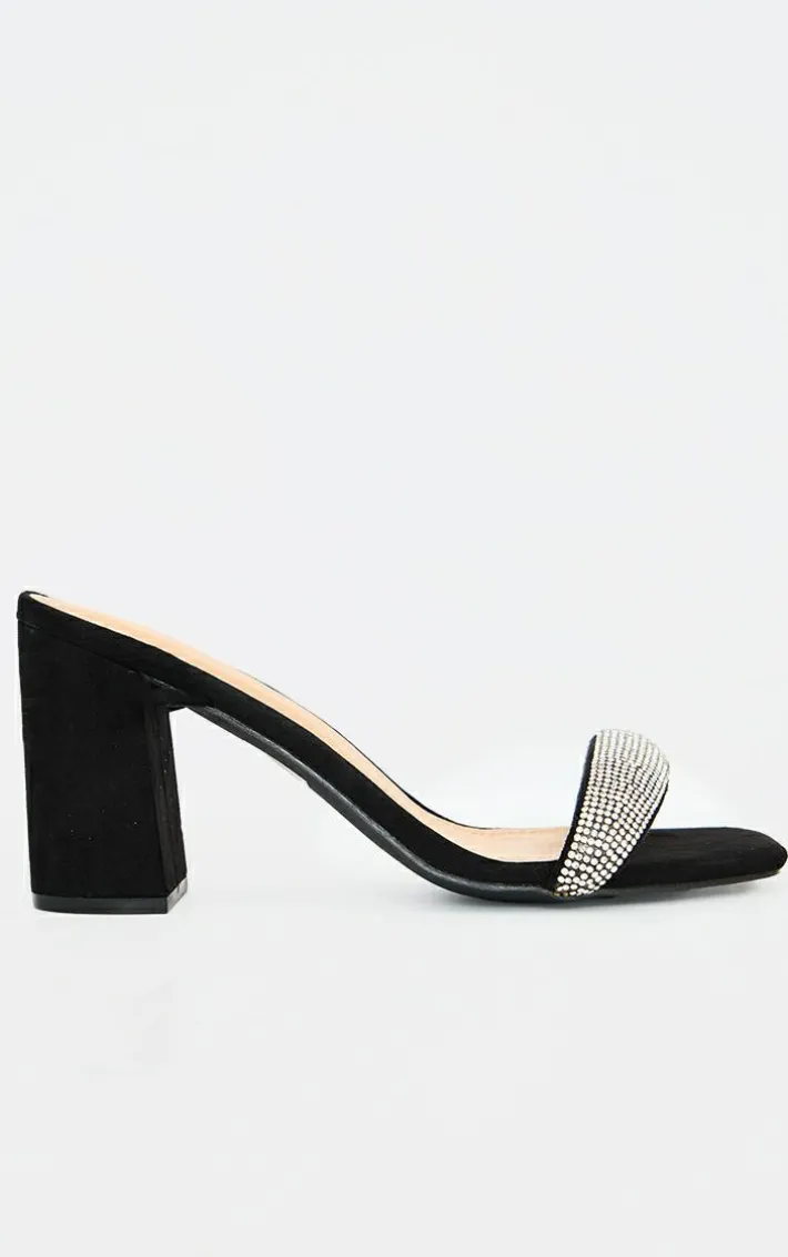 Black Faux Suede Diamante Strap Lace Up Block Heeled Sandals