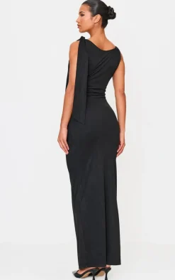 Black Faux Suede Knot Drape Maxi Dress