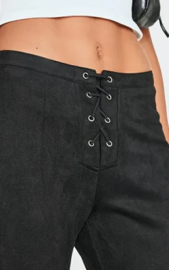 Black Faux Suede Lace Up Straight Leg Pant