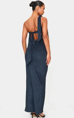 Black Faux Suede One Shoulder Cut Out Maxi Dress