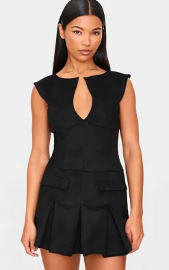 Black Faux Suede Pleated Pocket Detail Shift Dress