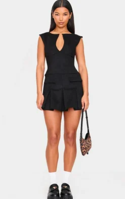 Black Faux Suede Pleated Pocket Detail Shift Dress