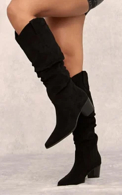 Black Faux Suede Point Toe Ruched Knee High Heeled Western Boots