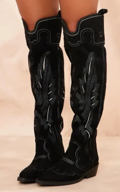 Black Faux Suede Point Toe Contrast Stitch Over The Knee Western Boots