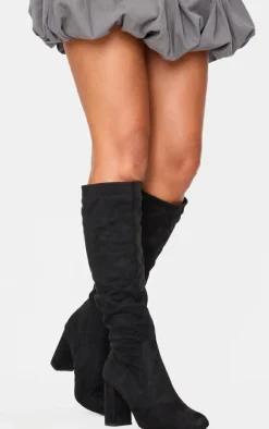 Black Faux Suede Point Toe Ruched High Blocked Heeled Knee Boots