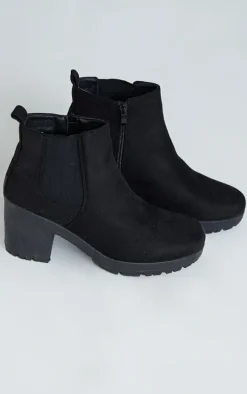 Black Faux Suede Round Toe Block Heel Chelsea Boots