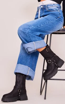 Black Faux Suede Round Toe Buckle Detail Chunky Platform Ankle Boots