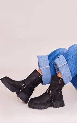 Black Faux Suede Round Toe Buckle Detail Chunky Platform Ankle Boots