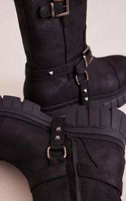 Black Faux Suede Round Toe Buckle Detail Chunky Platform Ankle Boots