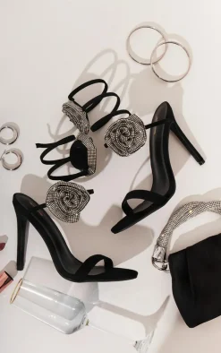 Black Faux Suede Round Toe Corsage Detailed Spiral High Heeled Sandals