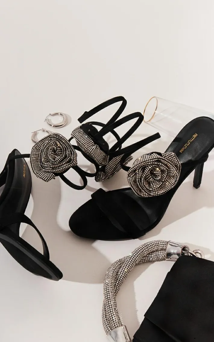 Black Faux Suede Round Toe Corsage Detailed Spiral High Heeled Sandals