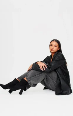 Black Faux Suede Round Toe Heeled Ankle Sock Boots