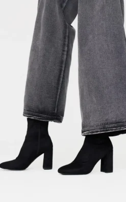 Black Faux Suede Round Toe Heeled Ankle Sock Boots