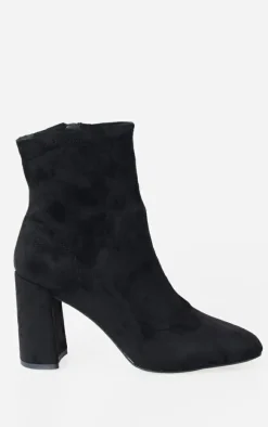 Black Faux Suede Round Toe Heeled Ankle Sock Boots