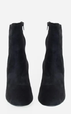 Black Faux Suede Round Toe Heeled Ankle Sock Boots