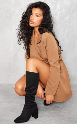 Black Faux Suede Round Toe Knee High Block Heeled Sock Boots