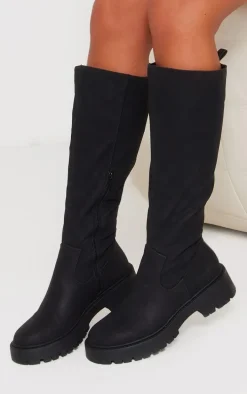 Black Faux Suede Round Toe Chunky Platform Knee High Boots