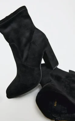 Black Faux Suede Round Toe High Block Stiletto Heeled Boots