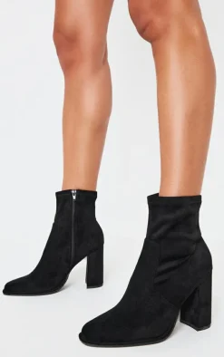 Black Faux Suede Round Toe High Block Stiletto Heeled Boots
