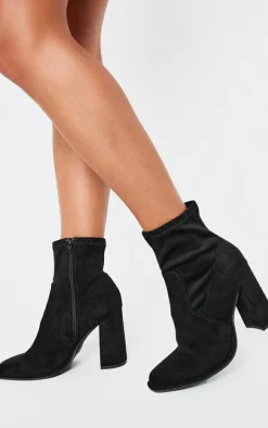 Black Faux Suede Round Toe High Block Stiletto Heeled Boots