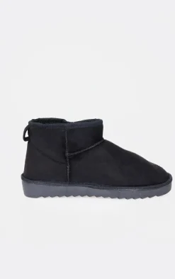 Black Faux Suede Round Toe Rigged Sole Ankle Boots