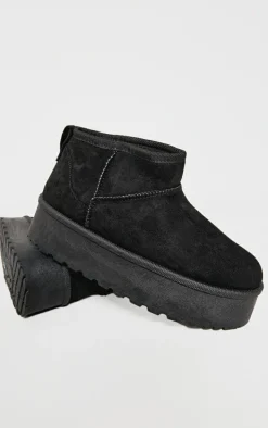 Black Faux Suede Round Toe Platform Ankle Boots