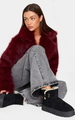 Black Faux Suede Round Toe Stitched Borg Lined Ankle Boots